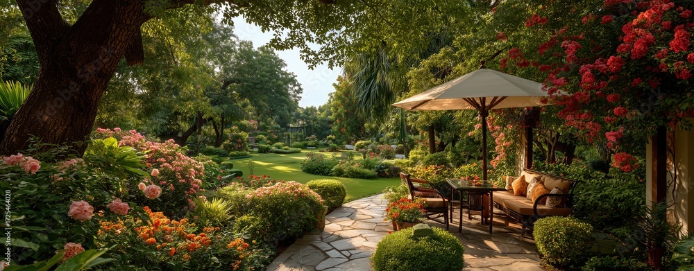 Fototapeta premium Cozy garden furniture with parasol, chairs and table, surrounded by greenery and purple