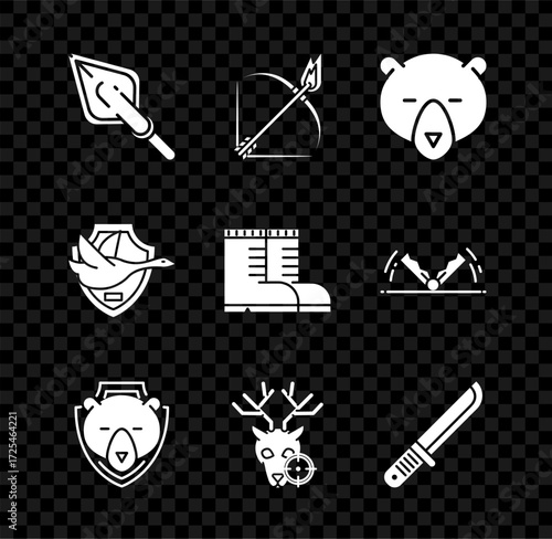 Set Hipster arrow tip, Bow and fire, Bear head, on shield, Hunt deer with crosshairs, Hunter knife, Flying duck and boots icon. Vector