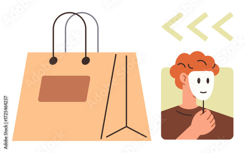 Person holding a mask beside a shopping bag, exploring concepts thumbs up identity, consumer behavior, choices, authenticity, branding, dynamics of appearance, and personal expression. Ideal