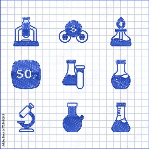 Set Test tube, Microscope, Sulfur dioxide SO2, Alcohol or spirit burner and icon. Vector