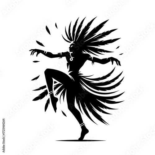 Shaman dancing with feathers silhouette vector on transparent background