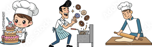 Cute cartoon pastry chefs decorating cake, frying donuts, rolling dough, bakery illustration, professional baking, dessert preparation, sweet food, culinary artwork