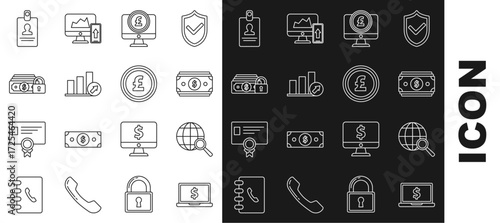 Set line Laptop with dollar symbol, Presentation financial graph, schedule, chart, diagram, infographic, pie graph, Money lock, Identification badge and Coin icon. Vector