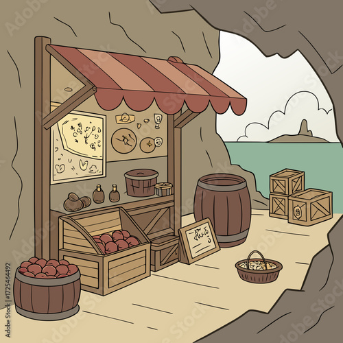Illustration of a market stall in a cave with fruit and other goods