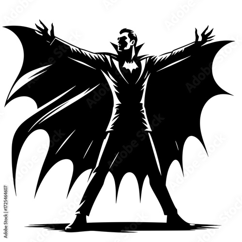Vampire spreading cape like bat wings silhouette vector on transparent background, isolated vampire in dynamic pose