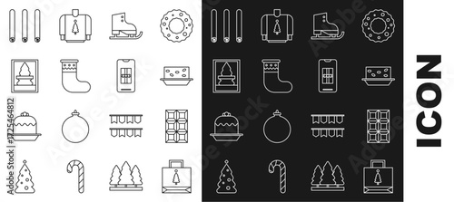 Set line Christmas paper shopping bag, Chocolate bar, Nougat with nuts, Figure skates, stocking, postcard, Three rolled sticks of cinnamon and Smartphone gift box icon. Vector