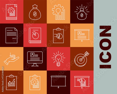Set line Board with graph chart, Target, resume, Pie infographic, User manual, Document, and Clipboard icon. Vector