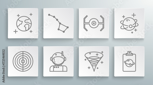 Set line Earth structure, Great Bear constellation, Astronaut, Black hole, Planet, Cosmic ship, and globe icon. Vector