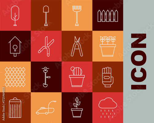 Set line Cloud with rain, Garden gloves, Plants pot, rake, Gardening handmade scissors, Retro wall watch, Tree and icon. Vector