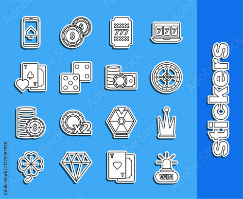Set line Casino win, Crown, roulette wheel, Slot machine with lucky sevens jackpot, Game dice, Playing card clubs symbol, Online poker table game and chips and stacks money cash icon. Vector