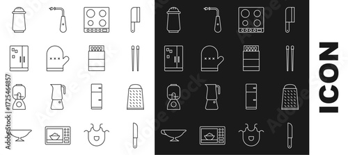 Set line Knife, Grater, Food chopsticks, Gas stove, Oven glove, Refrigerator, Salt and pepper and Open matchbox matches icon. Vector