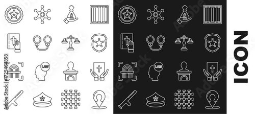 Set line Map marker with a silhouette of a person, Oath the Holy Bible, Police badge, Hand holding money bag, Handcuffs, and Scales justice icon. Vector