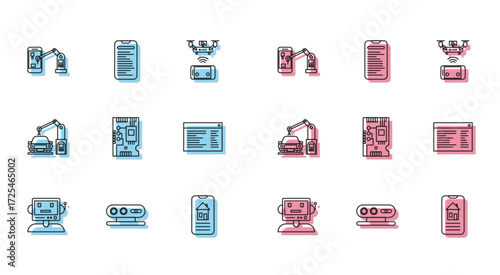 Set line Robot, Smart home, Electronic computer components motherboard digital chip, Software, web developer programming code, and Computer api interface icon. Vector