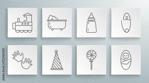 Set line Baby hands print, bathtub, Party hat, Lollipop, Newborn baby infant swaddled, bottle, Classic steel safety pin and Toy train icon. Vector