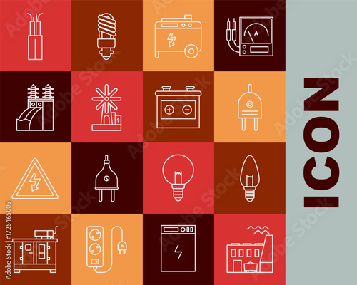 Set line Coal power plant and factory, Light bulb, Electric plug, Portable electric generator, Wind turbine, Nuclear, cable and Car battery icon. Vector