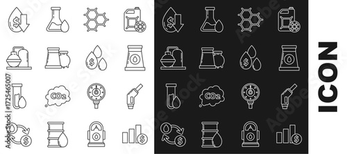 Set line Pie chart infographic and dollar, Oil gas industrial factory building, Chemical formula consisting of benzene rings, Drop crude oil price and drop with symbol icon. Vector