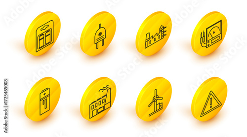 Set line Exclamation mark in triangle, Wind turbine, Coal power plant and factory, Battery, Ampere meter, multimeter, voltmeter, Power station, Electric plug and pack icon. Vector