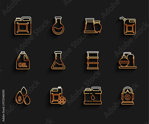 Set line Oil drop with dollar symbol, Antifreeze canister, Canister for gasoline, motor machine oil, Petrol Gas station, Test tube and flask, industrial factory building and Barrel icon. Vector