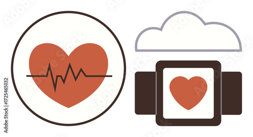 Red heart with heartbeat line, smartwatch display showing heart data, cloud representing online storage. Ideal for health tech, wellness, fitness, medical innovation, tracking, data management