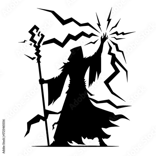 Black silhuette of Wizard summoning lightning with staff, silhouette vector on transparent background, isolated wizard with staff