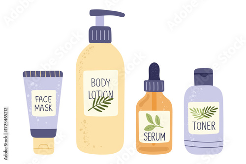 Skincare cosmetic bottles with face mask tube, body lotion pump, serum dropper and toner container —  beauty product illustration for self care design, spa treatment graphics, organic cosmetic.