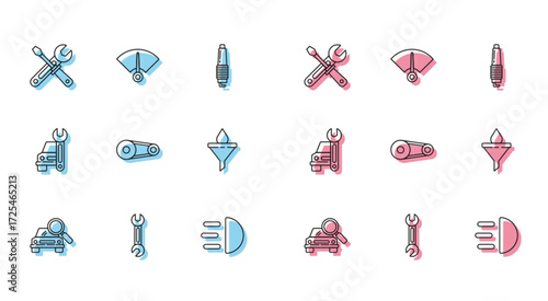 Set line Car search, Wrench, Screwdriver and wrench tools, High beam, Timing belt kit, Funnel or filter motor oil drop, service and Speedometer icon. Vector