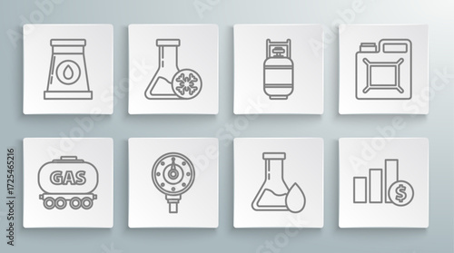 Set line Gas railway cistern, Antifreeze test tube, Motor gas gauge, Oil petrol, Pie chart infographic and dollar, Propane tank, Canister for gasoline and industrial factory building icon. Vector