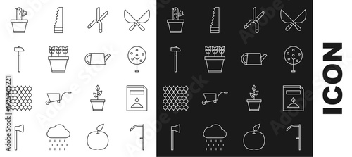 Set line Scythe, A pack full of seeds of a specific plant, Tree, Gardening handmade scissors, Plants pot, Hammer, Cactus succulent and Watering can icon. Vector