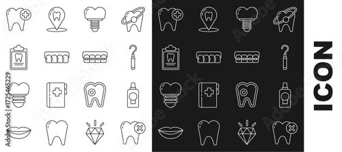 Set line Tooth with caries, Mouthwash plastic bottle, Dental explorer scaler for teeth, implant, Dentures model, Clipboard dental card, and Teeth braces icon. Vector