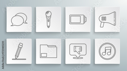 Set line Pencil with eraser, Microphone, Document folder, Dislike in speech bubble, Music note, tone, Battery charge level indicator, Megaphone and Speech chat icon. Vector
