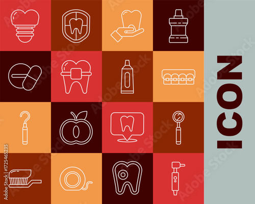 Set line Tooth drill, Dental inspection mirror, Teeth with braces, Medicine pill tablet, implant and Tube of toothpaste icon. Vector