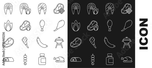 Set line Roasted turkey or chicken, Barbecue grill, Chicken leg, Fish steak, Grilled meat and fire flame, Fire, and icon. Vector