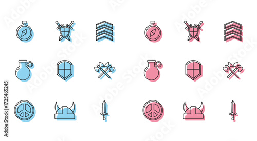 Set line Peace, Viking in horned helmet, Compass, Medieval sword, Shield, Crossed medieval axes, Hand grenade and shield with crossed swords icon. Vector