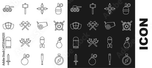 Set line Compass, Bomb ready to explode, Wooden shield with crossed swords, Japanese ninja shuriken, Crossed medieval axes, Shield, Military tank and Cannon icon. Vector