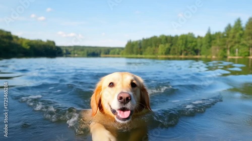 Golden retriever swimming happily in clear blue lake water