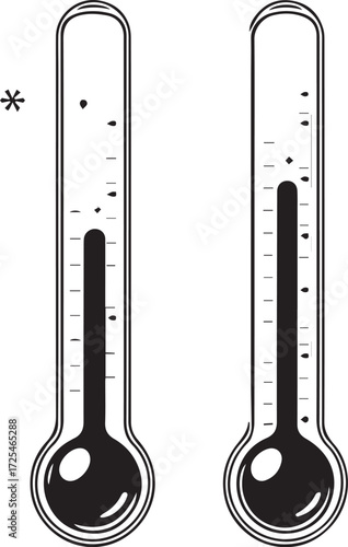 Black and white vector illustration of two vertical thermometers showing temperature difference in silhouette
