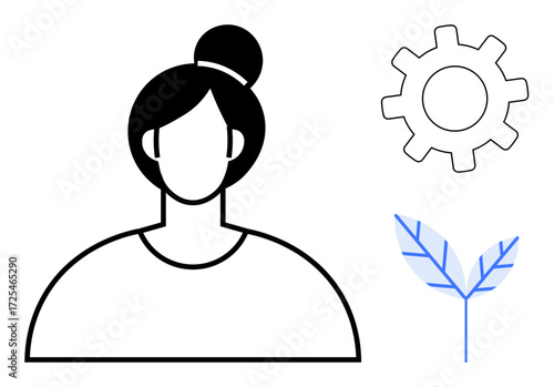 Female figure with a bun, gear for technology and progress, leaf representing eco-awareness and growth. Ideal for sustainability, teamwork, innovation, personal growth, health, business education