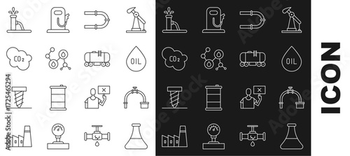 Set line Oil petrol test tube, Industry pipe and valve, drop, Molecule oil, CO2 emissions in cloud, pump or pump jack and railway cistern icon. Vector