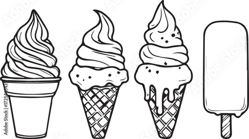 Black and white vector set of soft serve ice cream and popsicle icons for dessert, summer, food themes