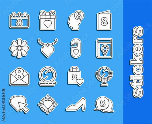 Set line 8 March in speech bubble, Round makeup mirror, Book about women, human head, Necklace with heart shaped pendant, Flower, Calendar and Please do not disturb icon. Vector