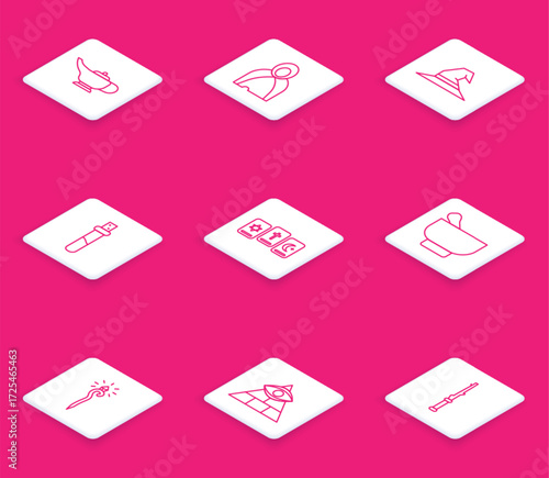 Set line Magic lamp or Aladdin, Mantle, cloak, cape, Witch hat, Bottle with love potion, Three tarot cards, mortar and pestle, staff and Masons icon. Vector