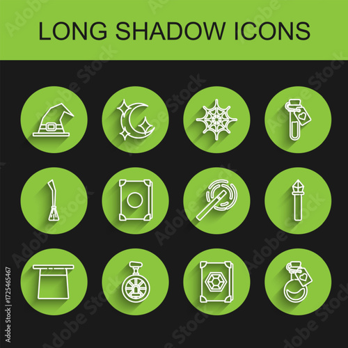 Set line Magician hat, Unicycle or one wheel bicycle, Witch, Ancient magic book, Bottle with love potion, staff and wand icon. Vector