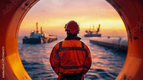 Dedicated maritime worker in bright orange safety gear and red hard hat stands framed, observing distant ships and offshore operations against dramatic ocean sunset.