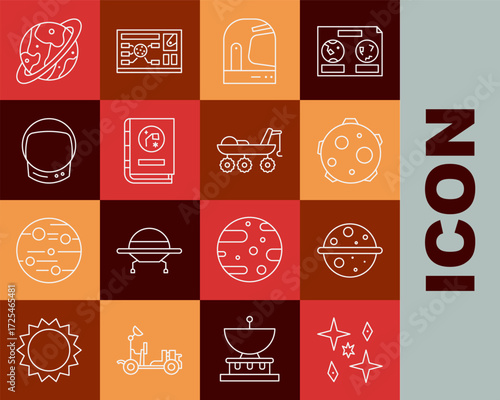 Set line Planet, Venus, UFO abducts cow, Astronaut helmet, Book by astronomy, Space capsule and parachute and Mars rover icon. Vector