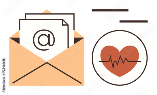 Open envelope containing emails with symbol, paired with heart and heartbeat line. Ideal for communication, healthcare, digital connection, wellness, remote work, medical messaging, simple flat