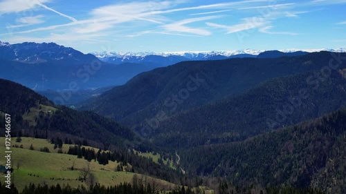 Cinematic 4K Aerial Drone video of flying over Brünnstein mountain in German Alps on a beautiful sunny summer day perfect for hiking with surrounding mountain peaks covered in ice and snow