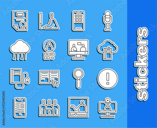 Set line Video chat conference, Information, Cloud online library, Mobile phone, Create account screen, Network cloud connection, Certificate template and Online education icon. Vector