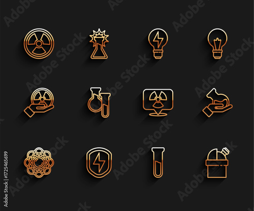 Set line Atom, Secure shield with lightning, Radioactive, Test tube and flask, Astronomical observatory, and location icon. Vector