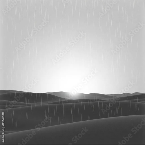 A vintage film depiction of Sahara Desert during sunrise in summer, under rainy conditions, capturing unique natural textures and atmospheric mood.