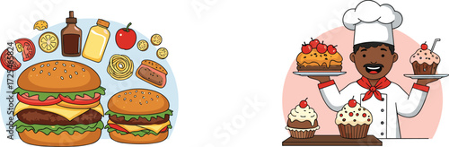 Delicious cartoon fast food burgers with ingredients, happy chef holding cupcakes and cake, bakery desserts illustration, vector design for restaurant, kitchen